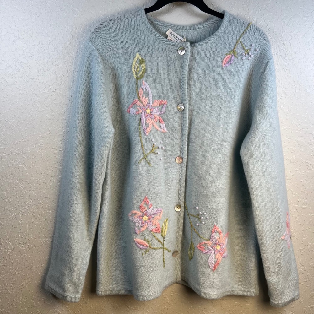 Vintage Coldwater Creek Cardigan Boho Womens Floral Embroidered Wool Blue Large